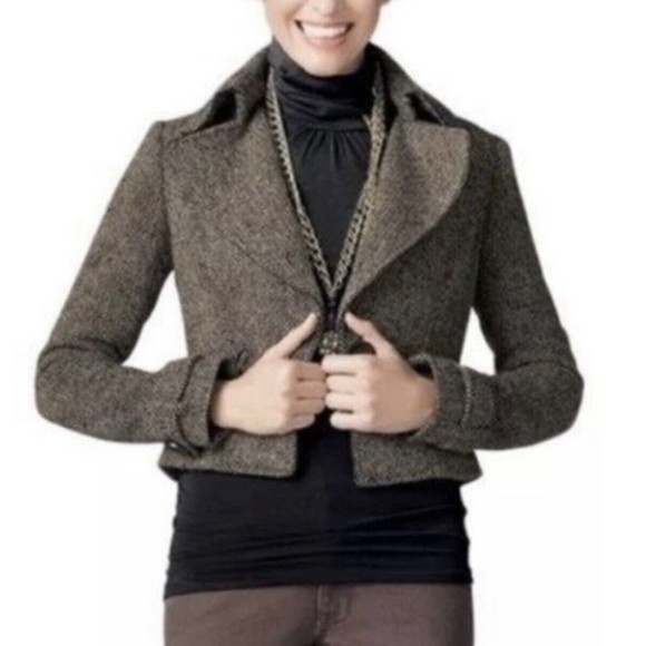CAbi Jacket Tweed Moto  Cropped coat Button Blazer Size 8 Style 638 Black/Brown - Picture 14 of 15